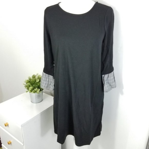 Pleione Black Plaid Ruffle Sleeve Knit Shirt Dress - Picture 2 of 8